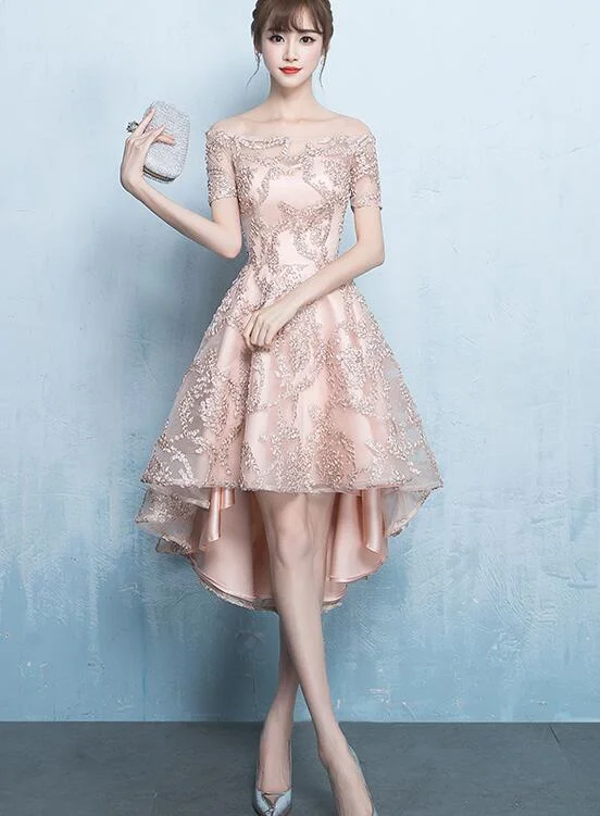 Cute High Low Lace Homecoming Dress, Off the Shoulder Party Dress Tunics Print Colorful
