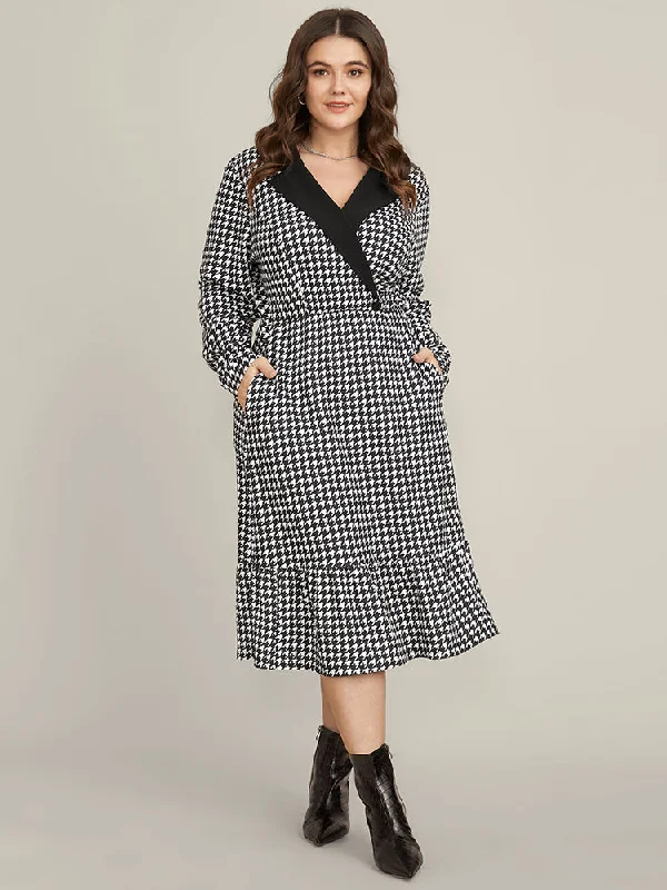 Contrast Trim Suit Collar Pocket Ruffle Hem Houndstooth Dress Tunics Luxurious high-end