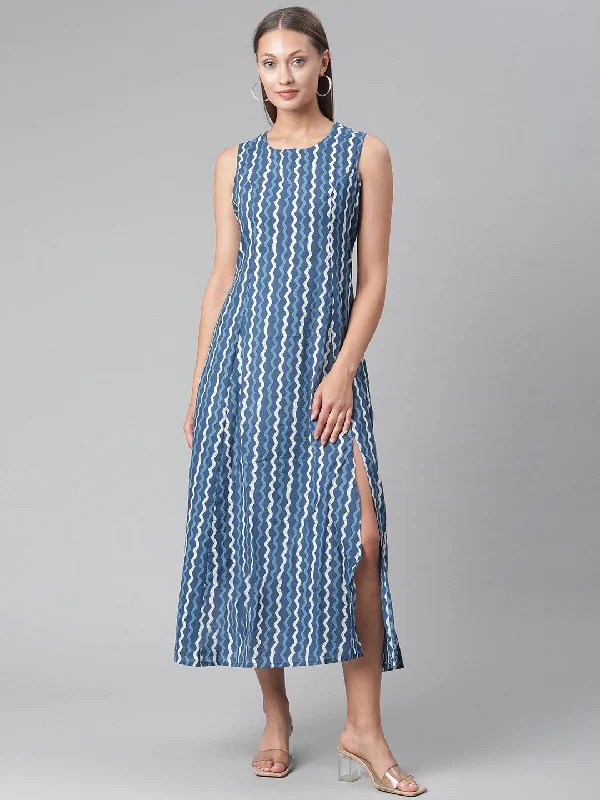 Women's Blue Cotton Long Dress  - Wahenoor Tunics Wedding white