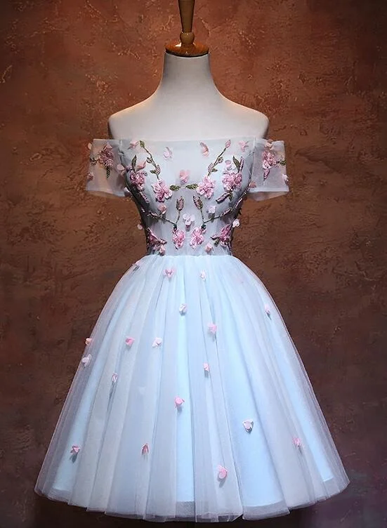 Lovely Light Blue Tulle Knee Length Homecoming Dress, Cute Floral Party Dress Tunics Ceremony elegant