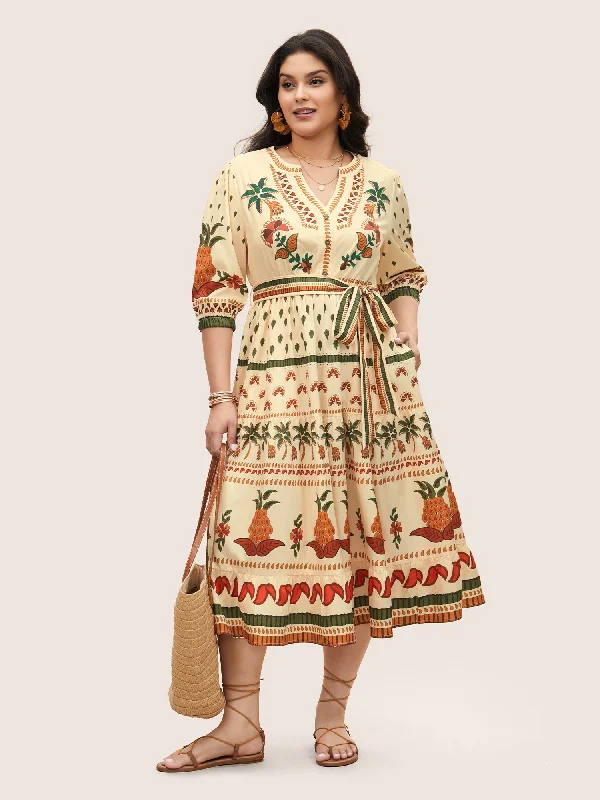 Boho Print Notched Collar Patchwork Belted Dress Tunics Sophisticated sleek