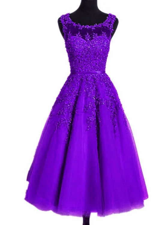 Beautiful Tea Length Purple Round Neckline Bridesmaid Dress, Lace Appplique Party Dress Tunics Practical easy-care