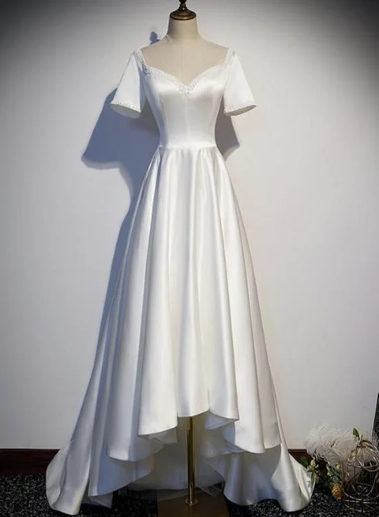 White Simple Beaded Short Sleeves High Low Wedding Party Dress, White Party Dress Tunics Summer linen