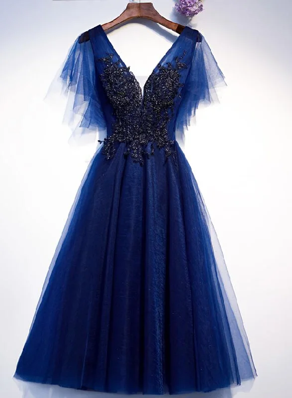 Blue Tulle Short Party Dress with Lace Applique, Blue Formal Dress Prom Dresses Tunics Prom sequined