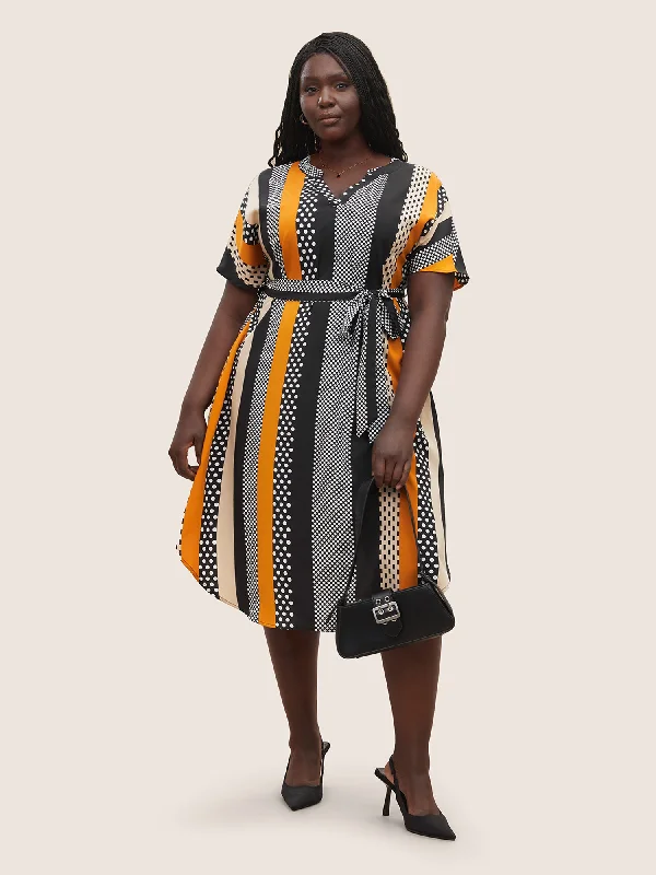 Polka Dot & Striped Notched Contrast Belted Dress Tunics stripes playful