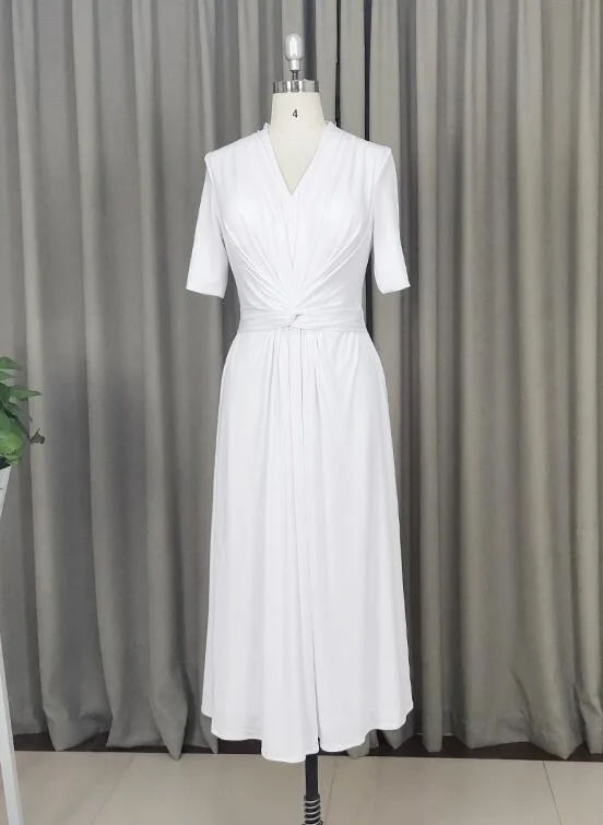 Elegant White Spandex Tea Length Wedding Party Dress, Mother of Bridal Dress Tunics Designer luxury