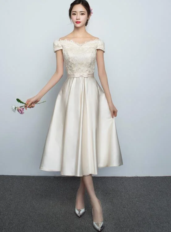 Cute A-line Champagne Tea Length Bridesmmaid Dress, Lace Party Dress Cowl Neckline Elegant