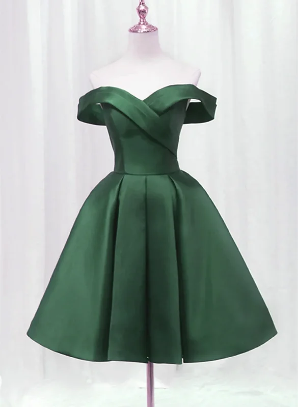 Dark Green Satin Off Shoulder Knee Length Party Dress, Green Homecoming Dress Prom Dress Sequined Elegant Party
