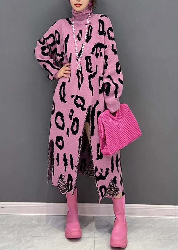 Style Pink Leopard Hign Neck Side Open Knit Long Dress Fall Tunics Chic elegant