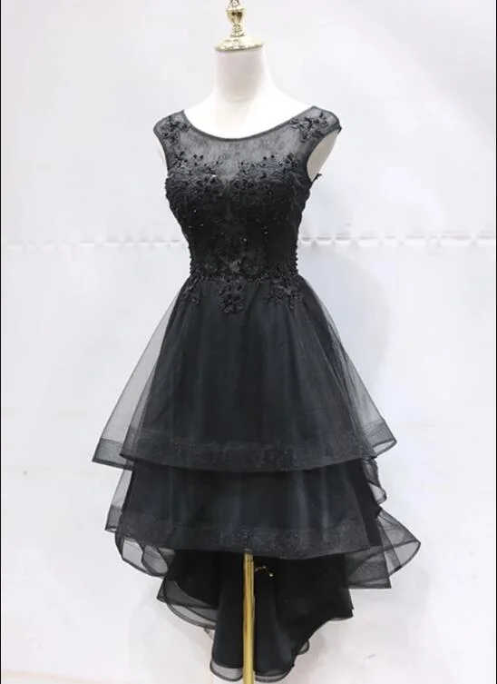 Cute Black Layers High Low Round Neckline Homecoming Dress, Black Party Dress Satin Halter Glamorous