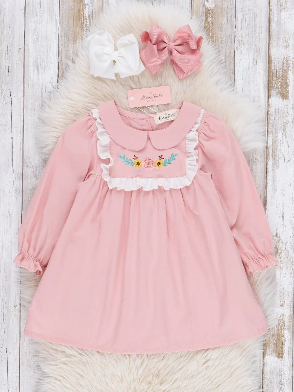 Pink Cotton Embroidered Floral Ruffle Dress Tunics Gym athletic
