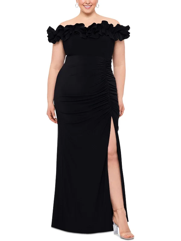 Plus Womens Full Length Off-The-Shoulder Evening Dress Cowl Neckline Elegant