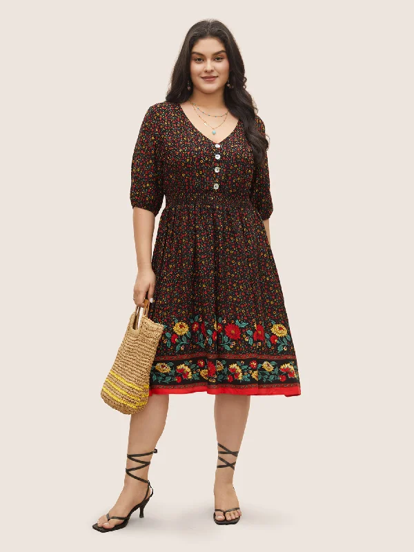 Ditsy Floral Print Elastic Waist Shirred Button Detail Dress A-Line Day Work