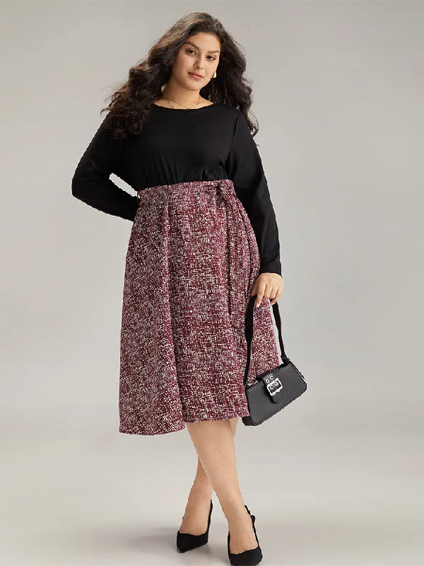 Patchwork Contrast Belted Crew Neck Dress Tunics Custom made