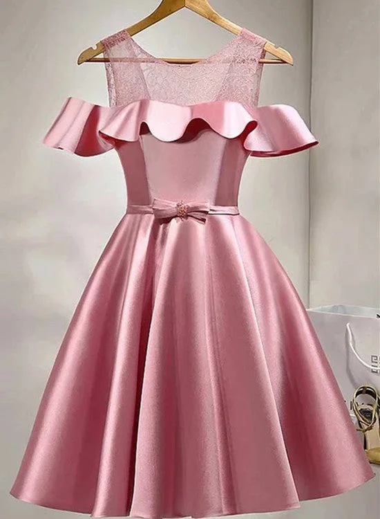 Lovely Pink Satin and Lace Party Dress, Off the Shoulder Homecoming Dress Lace Sexy Club