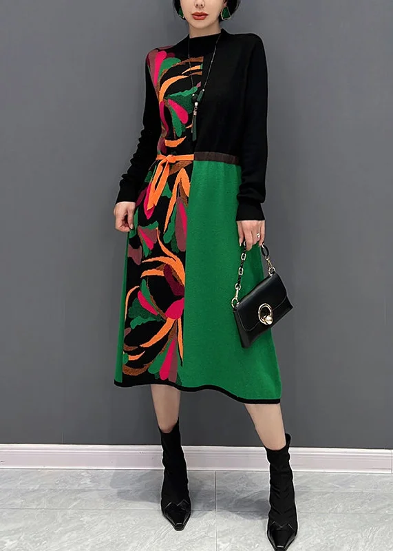 Boutique Green O-Neck Print Patchwork Tie Waist Knit Long Dress Fall Tunics Travel practical