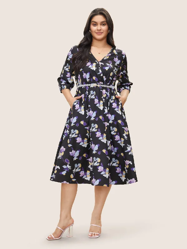 Floral Wrap Elastic Waist Lantern Sleeve Cropped Dress Tunics Cozy comfortable
