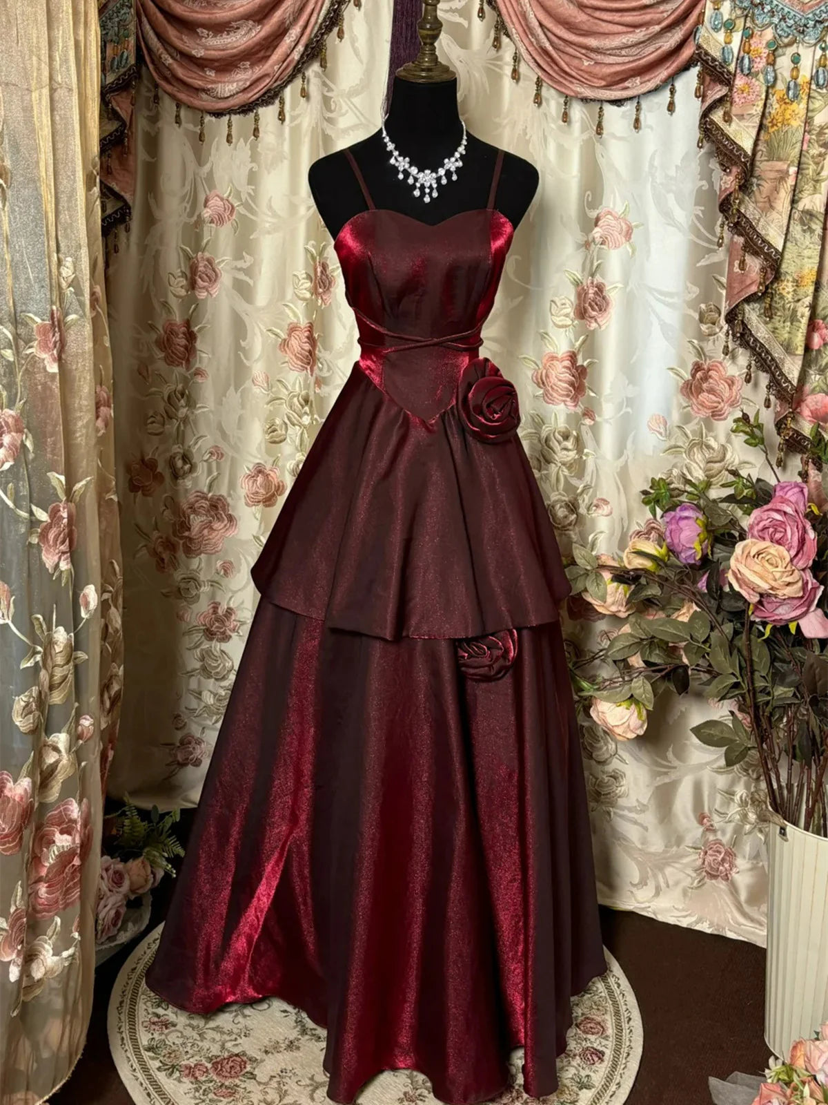 Burgundy Spaghetti Straps A-Line Satin Long Party Dress Vintage Evening Dress, DP4689 empire Waist empire