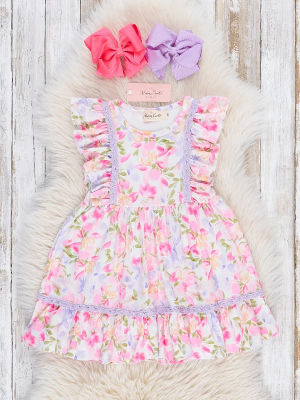 Pink & Purple Painted Daisies Ruffle Dress Tunics Sophisticated sleek