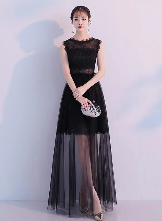 Black Tulle and Lace See Through Long Party Dress, Black Evening Dress Glittery Long Formal
