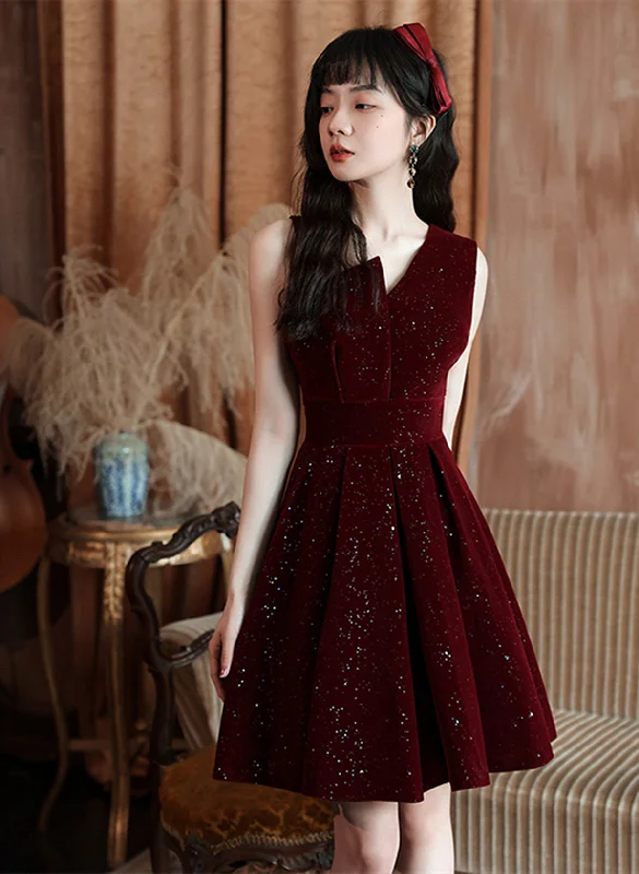 Wine Red Shiny Velvet Short Party Dress, A-line Short Homecoming Dress Prom Dress Satin Halter Glamorous