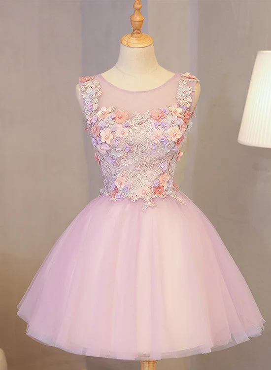 Cute Pink Round Neckline Tulle Party Dress with Flowers, Lovely Formal Dress Tunics Bestseller popular