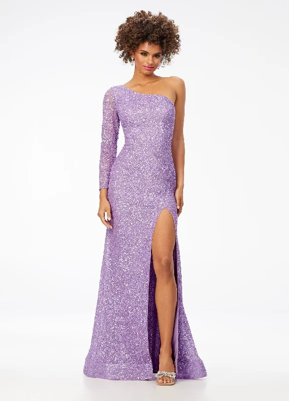 Ashley Lauren 1977 Prom Pageant Dress One Sleeve Fully Beaded Long Formal Dress with High Side Slit Tunics Hiking breathable