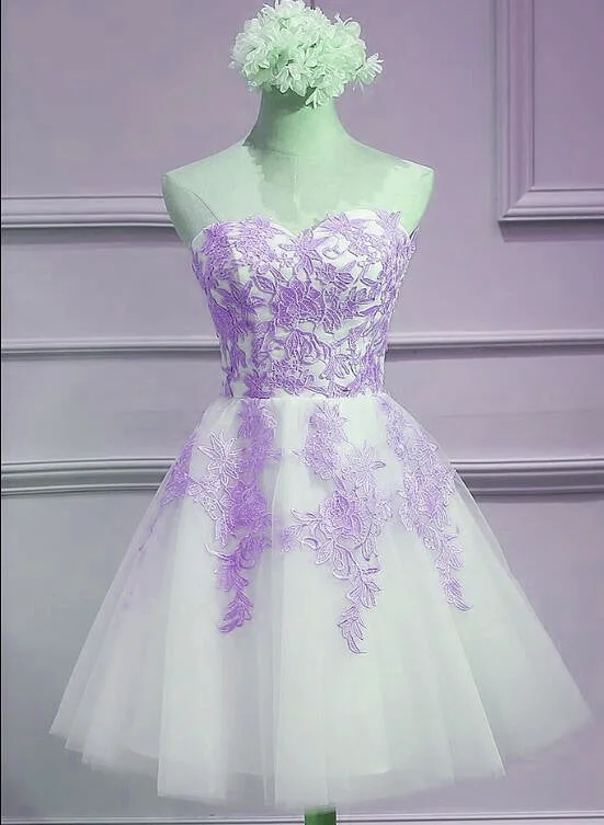 Lovely Sweetheart White Tulle with Purple Lace, Cute Party Dress Tunics Distressed trendy