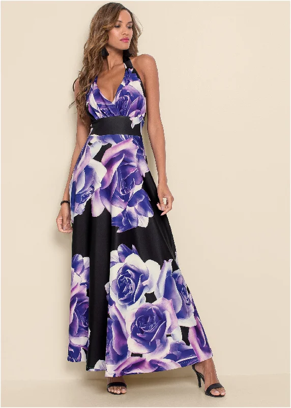 Floral Printed Long Dress - Black & Purple Tunics Satin smooth