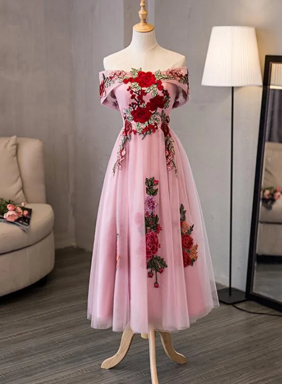 Pink Tulle Tea Length Beautiful Party Dress, Wedding Party Dress Tunics Short Trendy