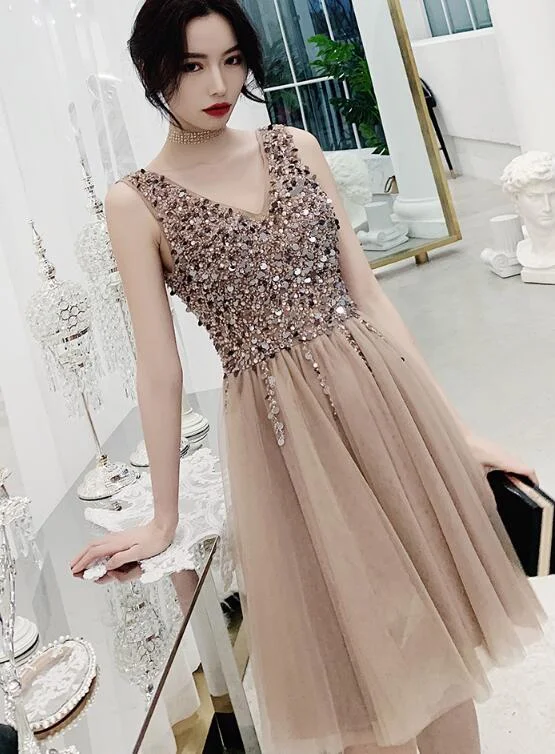 Charming Beaded Short V-neckline Tulle Party Dress, Sequins Homecoming Dress Turtleneck Warm Winter