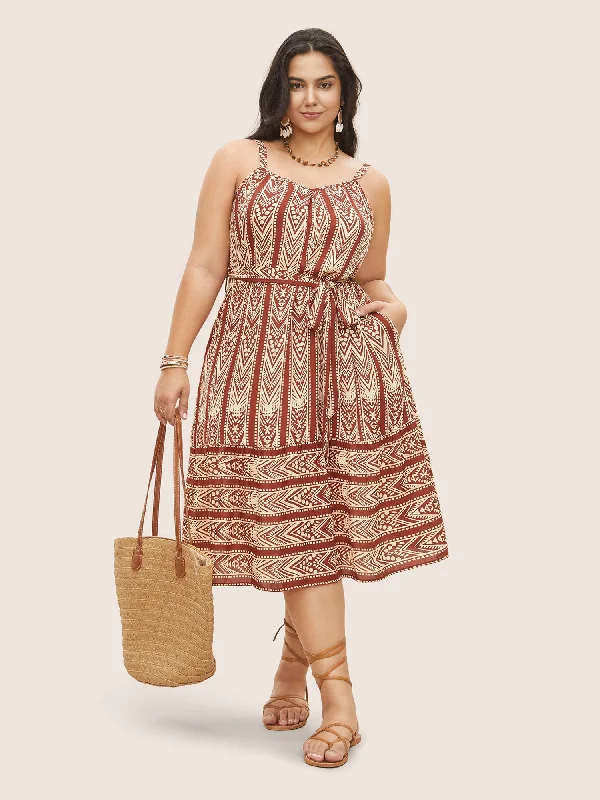 Bandana Striped Plicated Detail Belted Cami Dress Turtleneck Neckline Stylish