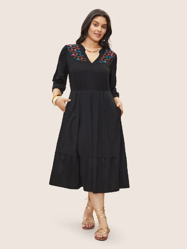 Geometric Contrast Embroidered Elastic Waist Dress Tunics Fleece cozy