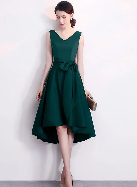 Dark Green V-neckline High Low Short Wedding Party Dress, Green Formal Dress with Belt Tunics Seasonal trendy