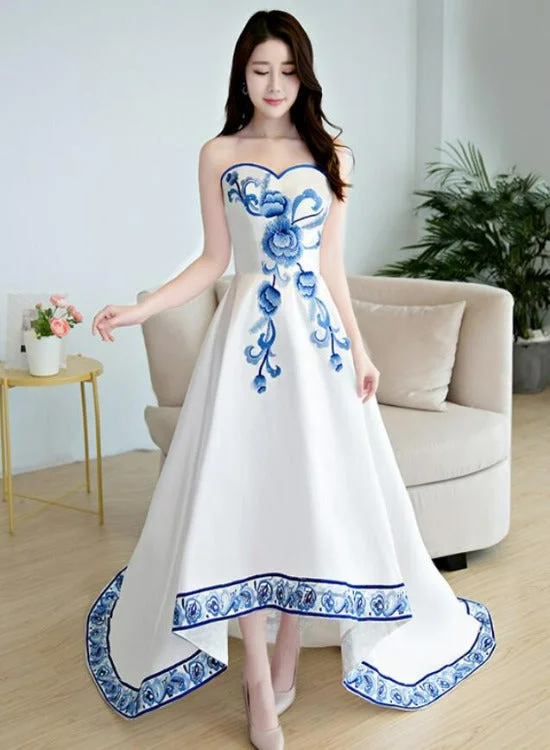 Beautiful White Satin with Flowers Embroidery Party Dresses, High Low Simple Satin Graduation Dresses Tunics Leisure comfortable