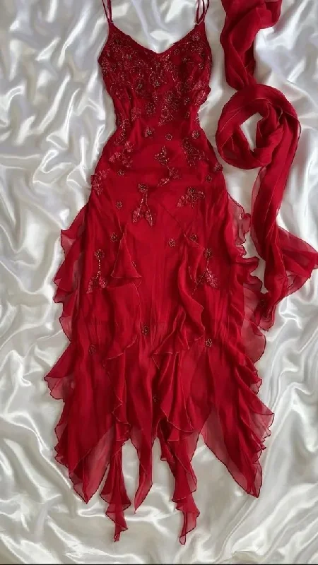 Wine Red Straps Beading Ruffles Vintage Long Party Dress Evening Gown, DP4658 Tunics Lace romantic