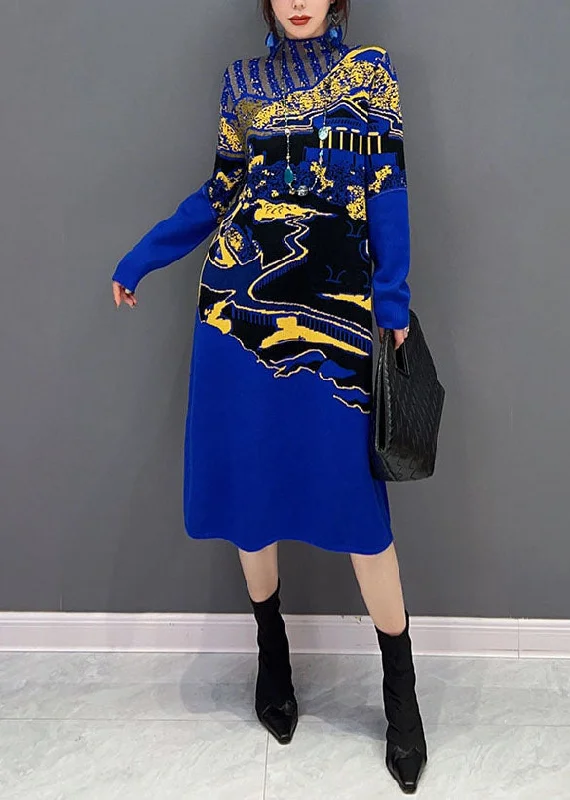 Fine Blue Hign Neck Print Knit Long Dresses Winter Tunics Versatile stylish