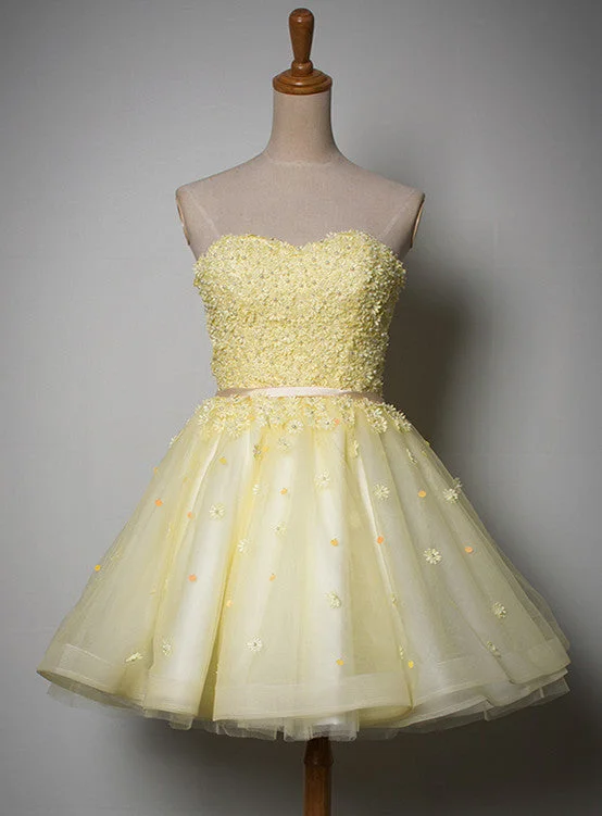Cute Light Yellow Tulle Sweetheart Short Party Dress, Homecoming Dress Tunics Leisure comfortable