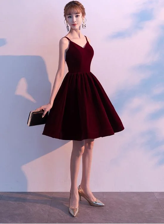 Lovely Velvet Burgundy Short Straps Homecoming Dress, Lovely Short Wedding Party Dress Pencil Length Work