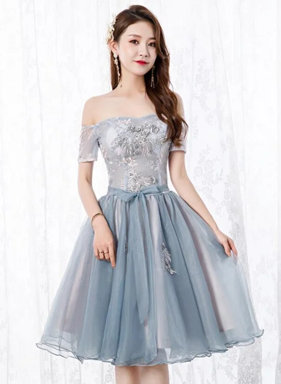Lovely Organza Tulle Grey-Blue Short Sweetheart Lace Homecoming Dress, Short Party Dress Tunics Trendy modern
