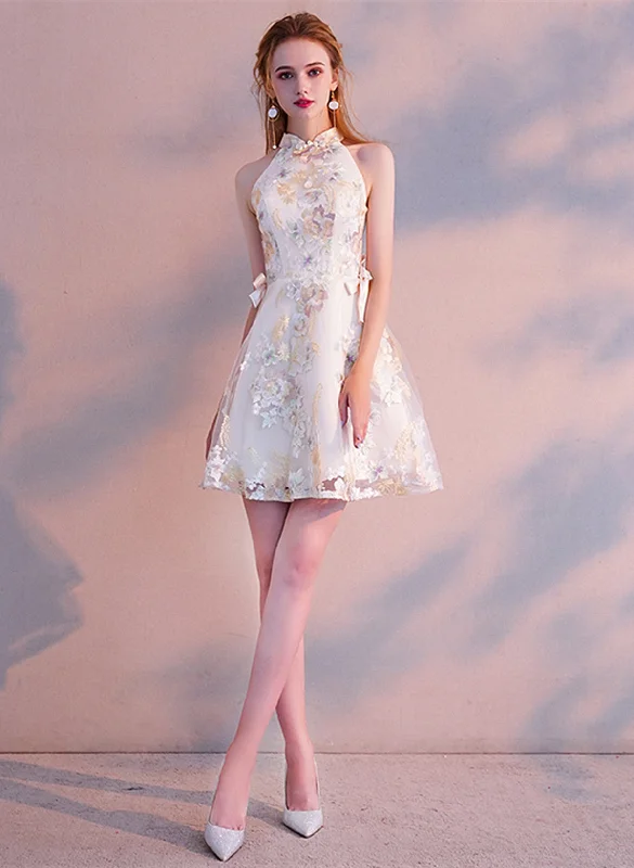 Ivory Lace High Neckline Short Party Dress, Ivory Knee Length Homecoing Dress Cowl Neckline Elegant