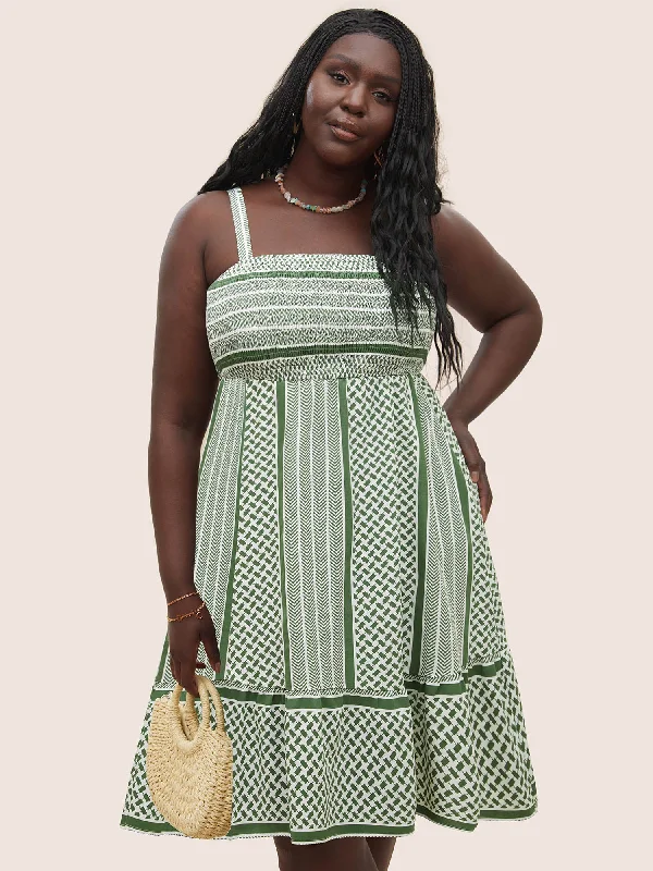 Geometric Patchwork Spaghetti Strap Dress Tunics Fashionable chic