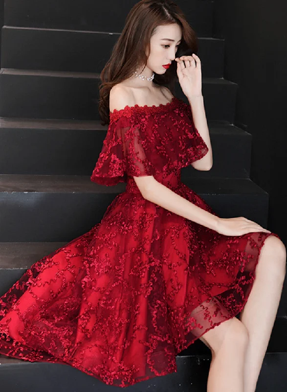 Wine Red Lace High Low Off Shoulder Party Dress, Dark Red Homecoming Dress Tunics Velvet soft