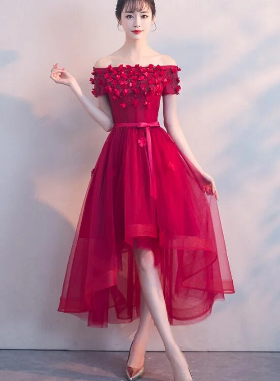 Red High Low Fashionable Homecoming Dress, Tulle Party Dresses Tunics Summer linen