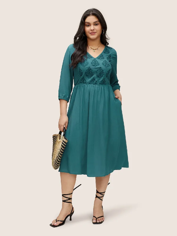 Plants Graphic Embroidered Lantern Sleeve Dress Casual Short Summer