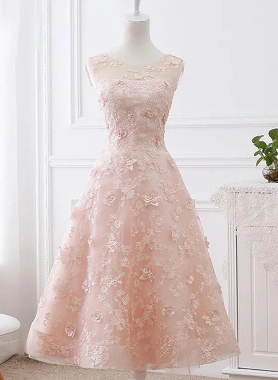 Charming Tea Length Light Pink Lace Wedding Party Dress, Pink Party Dress Tunics Travel practical