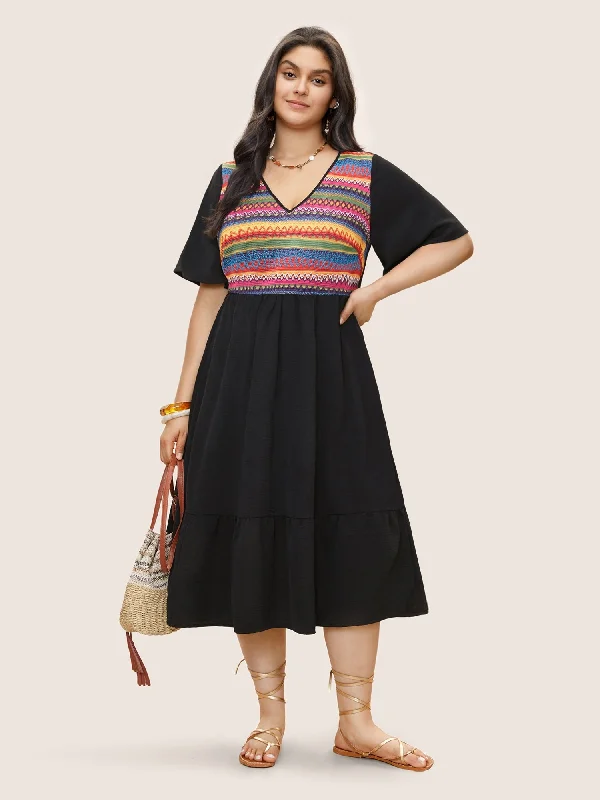 Color Geometric Embroidered Patchwork Dress A-Line Day Work