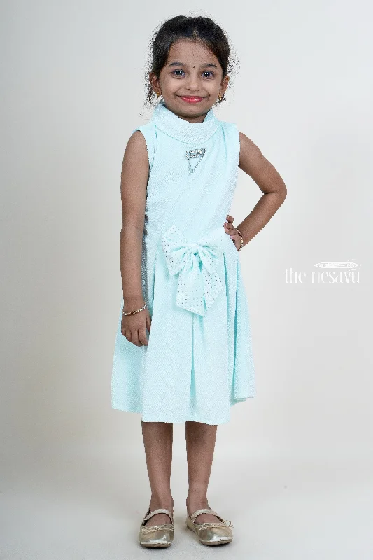 Skyblue Velvet Designer Bow Embellished Party Wear Dresses For Girls Tunics Winter warm