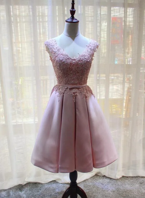 Pink Satin and Lace Knee Length Party Dress , Homecoming Dress Tunics Distressed trendy
