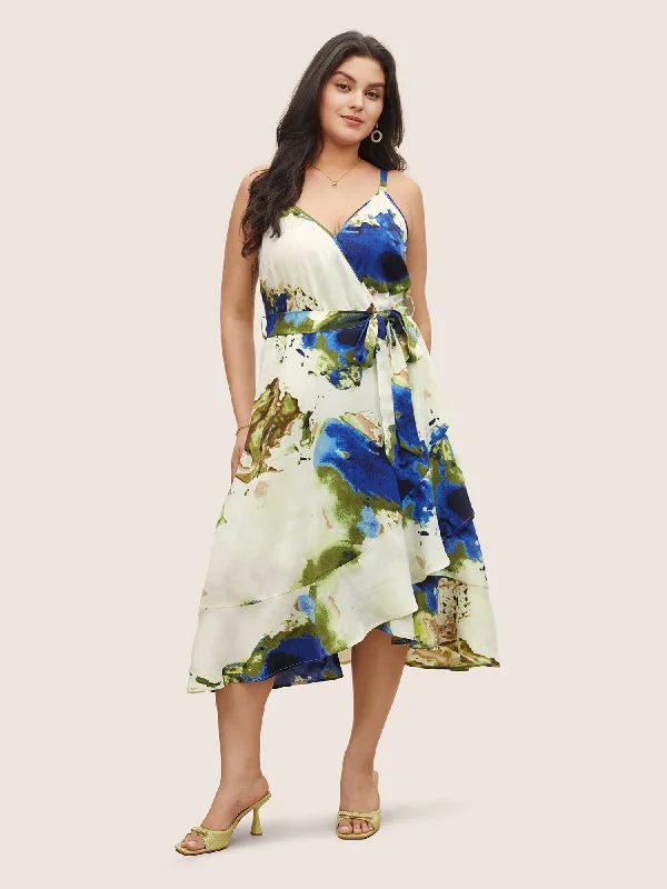 Ombre Belted Ruffle Hem Cami Dress Turtleneck Neckline Stylish